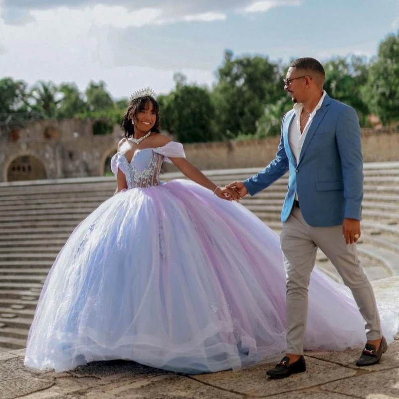 Sky Blue Lilac Shiny Quinceanera Dresses Lace Applique Tull Lace-Up Sweet 16 Off the Shoulder Ball Gown Vestido De 15 Anos