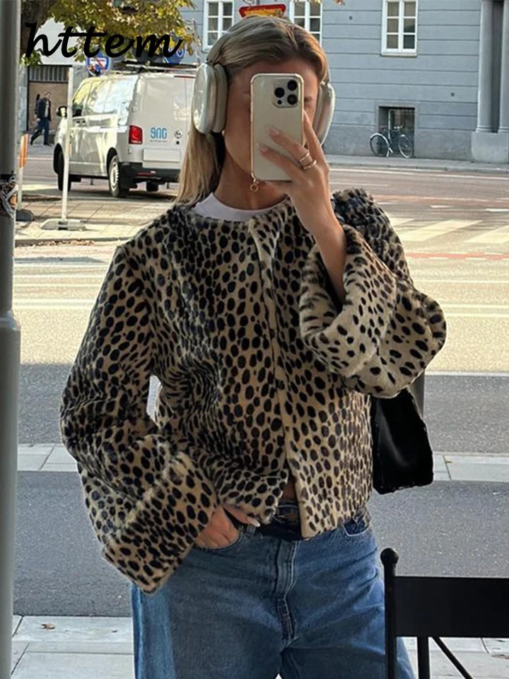 Elegant leopard print womens wool coat loose O-neck long sleeved womens jacket autumn womens retro streetwear 241007