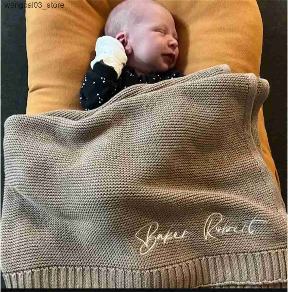 Blankets Swaddling Name Personalised Knit Baby Blanket Custom Toddler Crib Bed Stroller Swaddle for Newborn Birthday Gift Present Mother Kids L240910