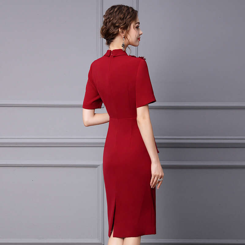 wine red dress suit collar embroidered nail beads waist cinching slimming and hip hugging skirt 2024 summer new style