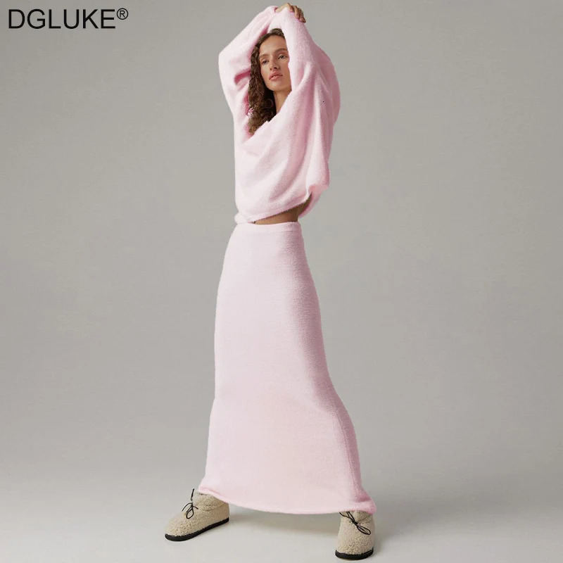 DGLUKE Elegant 2-piece Set suitable for womens V-neck Mohair sweaters and Maxi ski sets womens autumn and winter sets knitted matching sets 241011