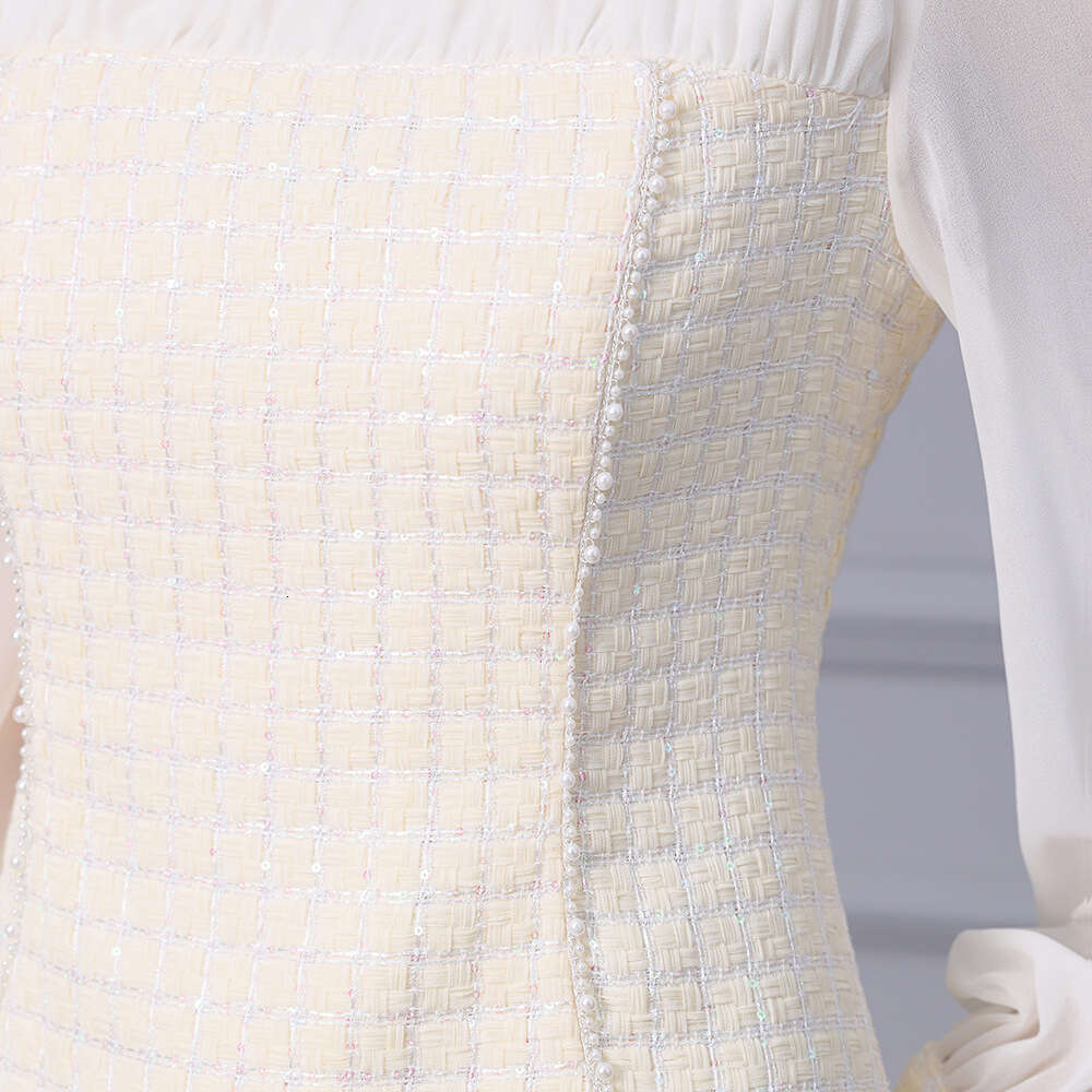 long sleeved nail bead patchwork apricot gentle ladylike style dress autumn wealthy heiress 2024 new item for women