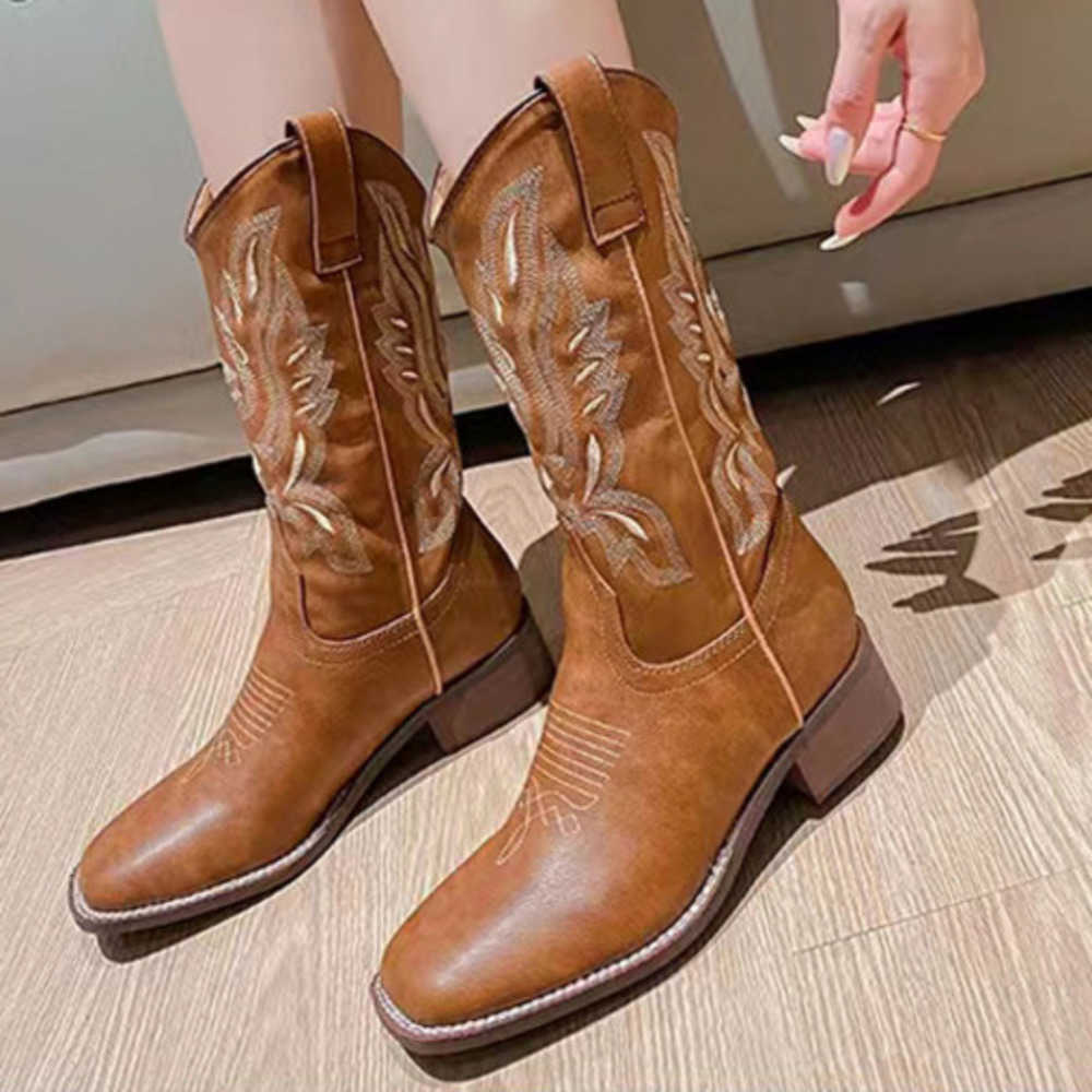Versatile Fashion Boots With Square Toe Thick Heel Martin Boots Mid Leg Knight Boots Womens Long Leg Denim Boots V-neck 240826