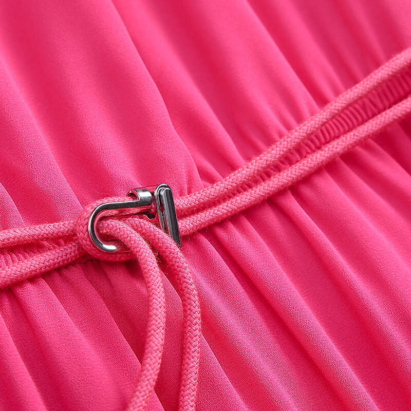 2024 autumn dress new gentle style long sleeved V-neck pleated lace up slimming mid length A-line skirt