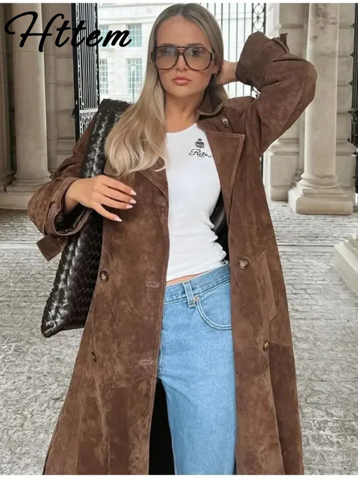 Elegant Suede Long Trench Coats With Belt Women Long Sleeve Double Breasted Windbreaker 2024 Autumn Lady High Street Overcoat 241008