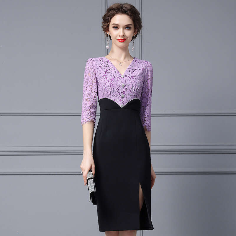 French Dress 2024 New Womens Autumn Formal Occasion Lace Splicing Waist slimming Bag Hip Skirt