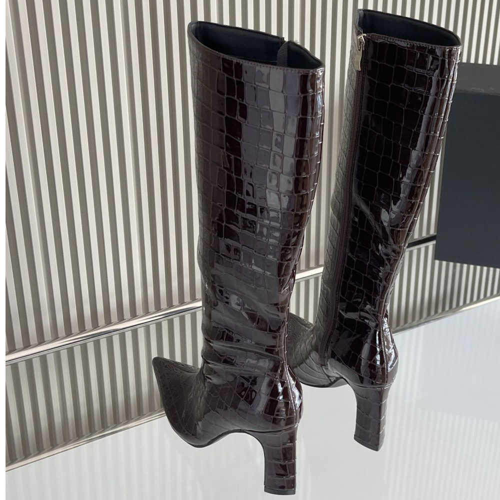 Crocodile Patterned Fashion Boots High-heeled Boots Cross Knee Knight Boots Pointed Toes High-heeled Heels Slim Martin Boots 240826