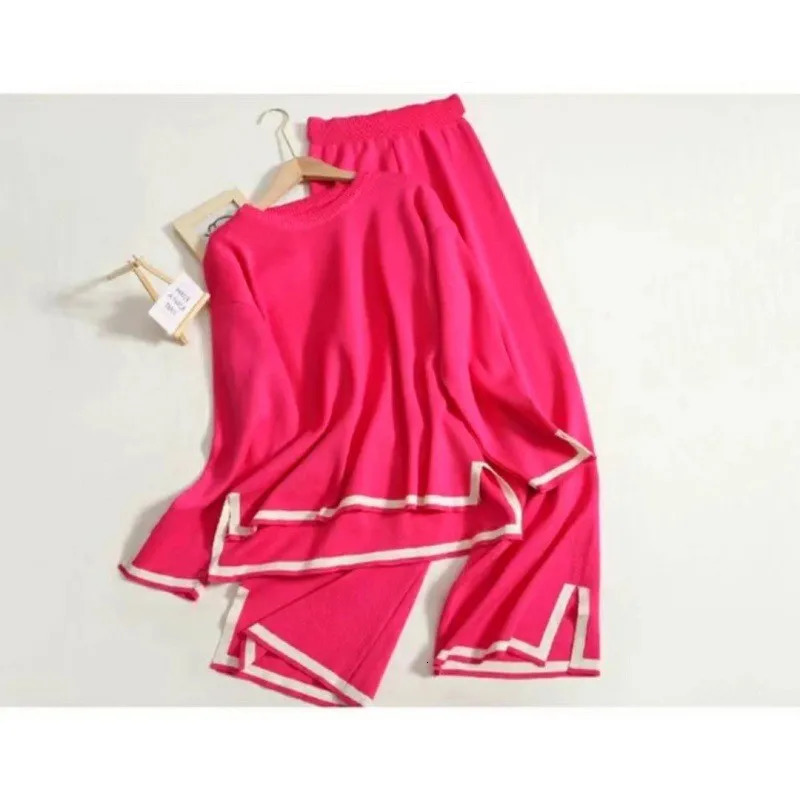 Trouser Knitted Womens Autumn Office Womens Knitted Two Piece Sleepwear Womens Side Split Long Sleeve High Waist 241010