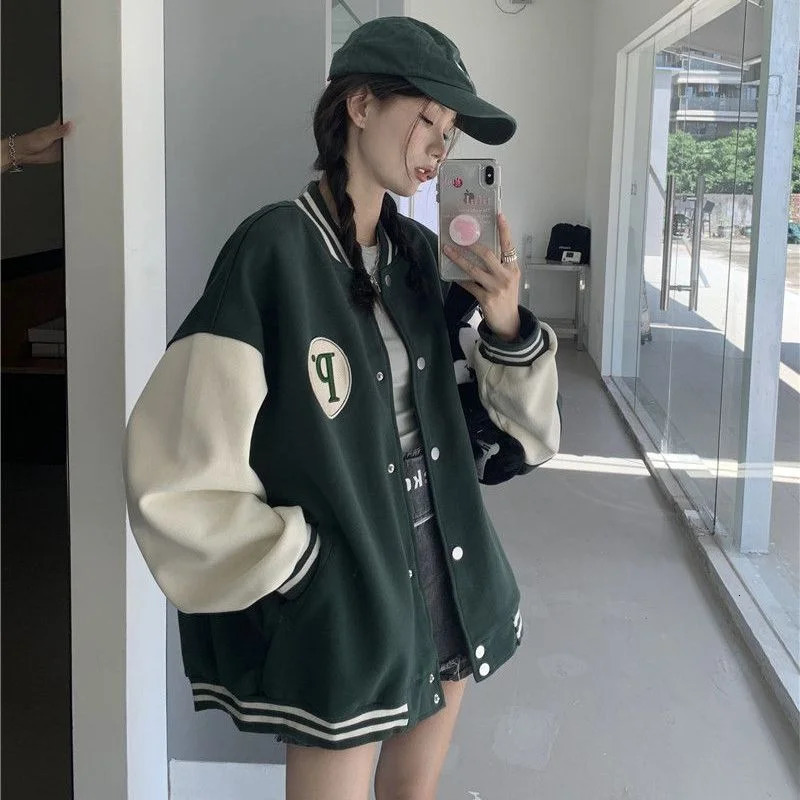 Korean Style College Varsity Jackets Green Bomber Coats Streetwear Couple Loose Harajuku Baseball Jacket Women Oversize 241011