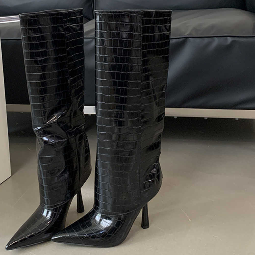 Sharp Pointed Fashion Boots Women Slim High Heel Boot Fashionable Leather Martin Boots Spring Autumn Crocodile Pattern Knee High Heels Knight Boots 24