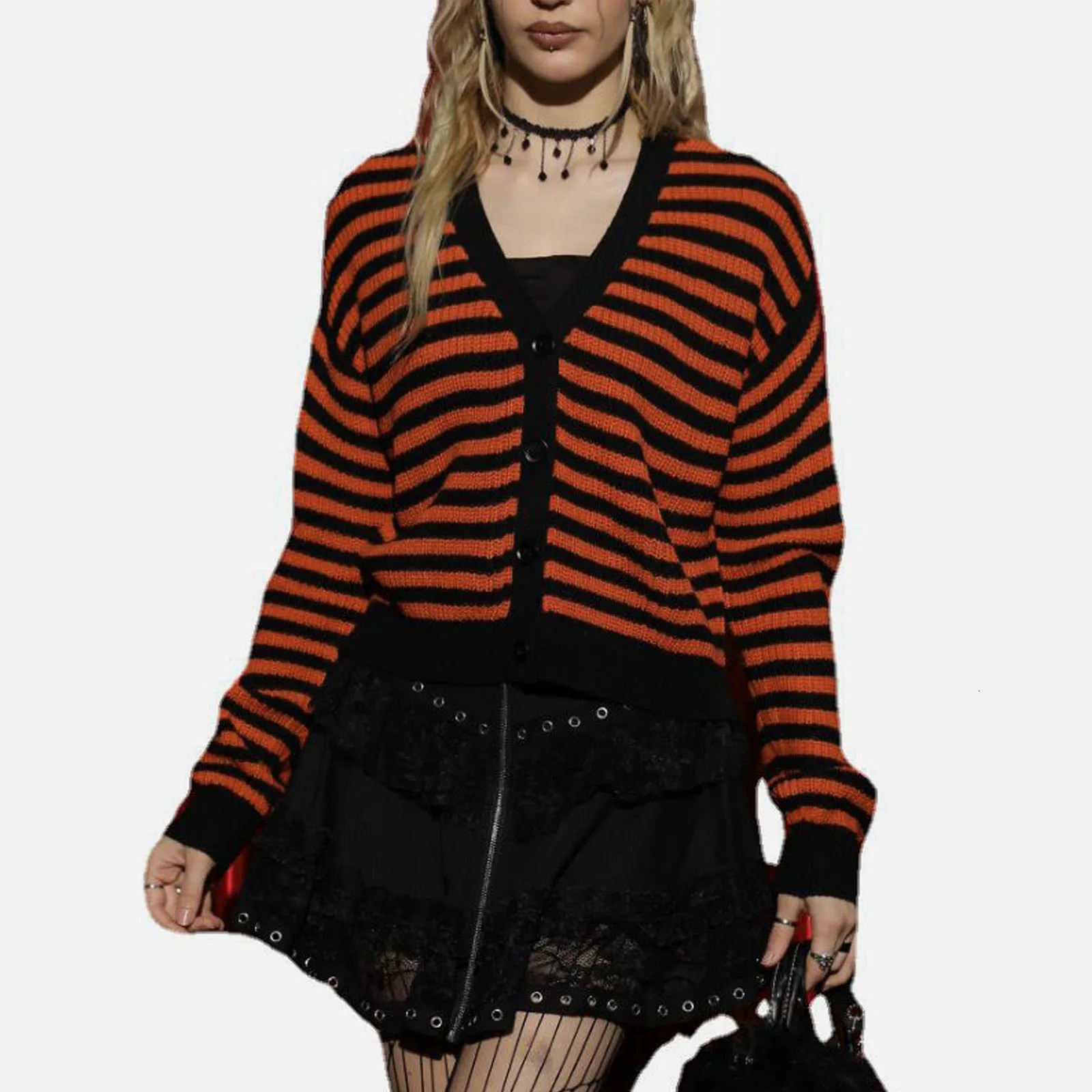 2024 Halloween Women Striped Cardigan Tops Fashion Long Sleeve Vneck Button Clre Winter Fall Casual Jacket Sweater 241007