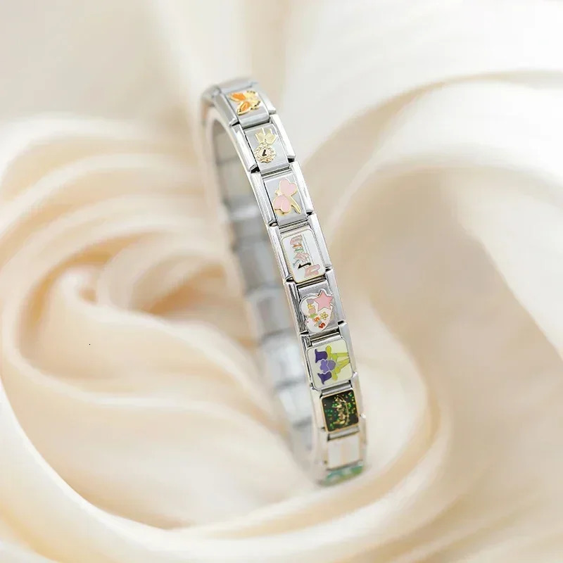 Hapiship 2024 Fashions Colors Glaze Flower Nana Aircraft Charm Links Fit 9mm Bracelet Stainless Steel Making DIY Jewelry DJ813 241010