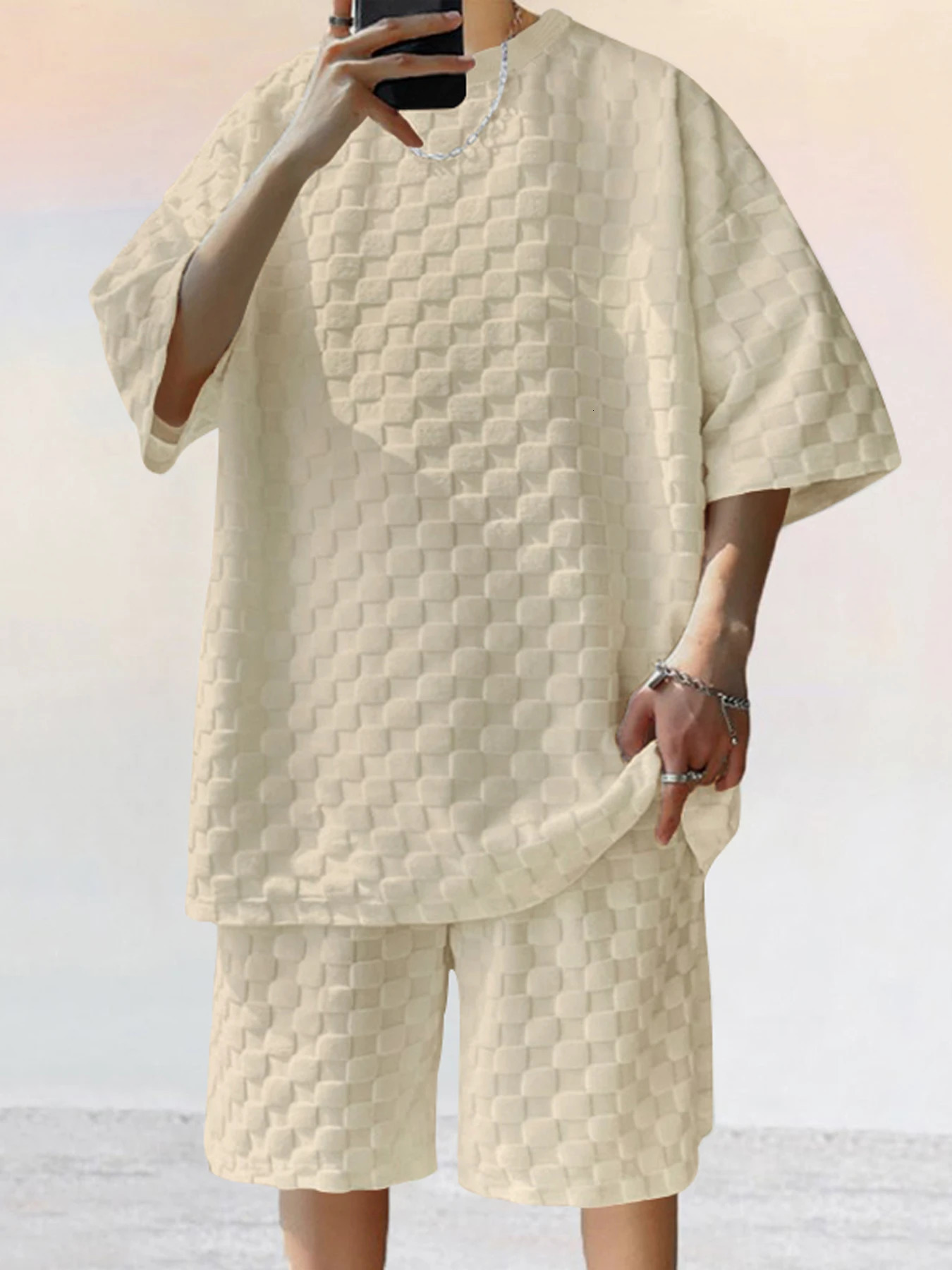 Summer Europe and the United States fashion mens checkerboard spring summer relaxed sports leisure twopiece set 241010