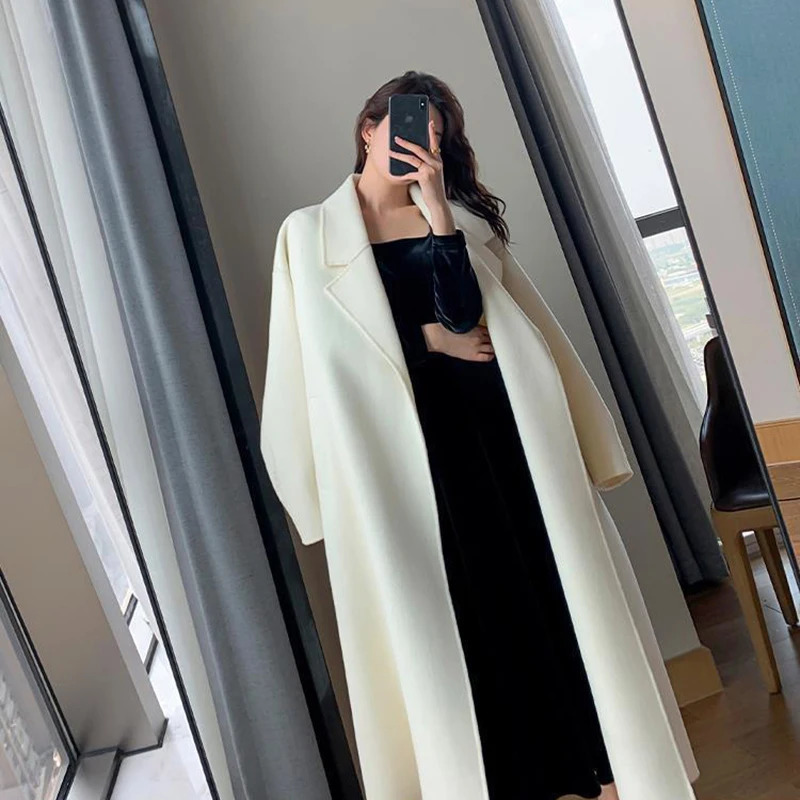 Elegant Midi Wool Blends Coat Women Korean Thicken Long Bandage Jackets Oversized Lace Up Outwear White Cardigan Woolen Overcoat 241008