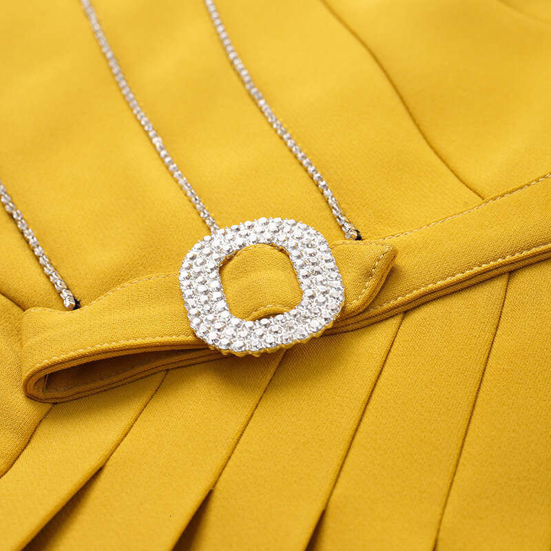 2024 new autumn dress yellow high-end V-neck seven quarter sleeve belly covering nail drill A-line skirt