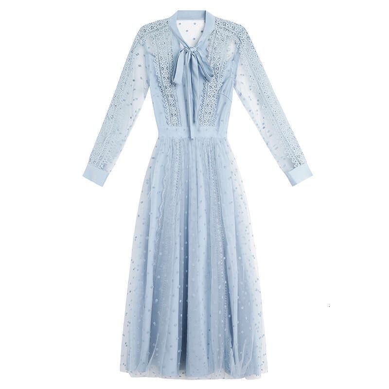 Water Blue Autumn 2024 New Style Womens Charm Waist slimming Lace Long Dress