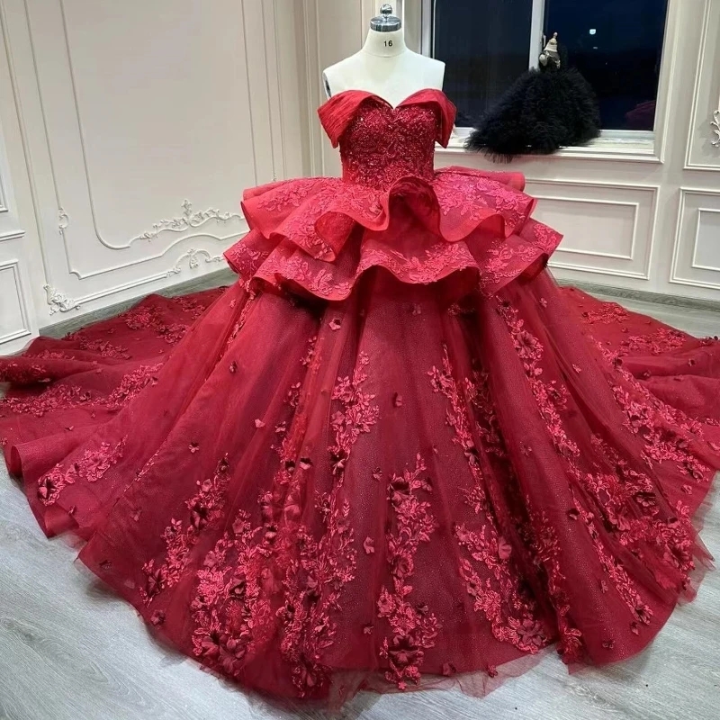 Red Shiny Off the Shoulder Ball Gown Quinceanera Dresses Corset Applique Lace Beaded Formal Lace Up Princess Sweet 16 Dress Vestidos 15 XV Anos