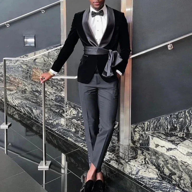 Formal Men Suits Slim Fit With Belt Shawl Lapel Velvet Wedding Tuxedo For Groom African Fashion Blazer (Jacket + Panst) 2024