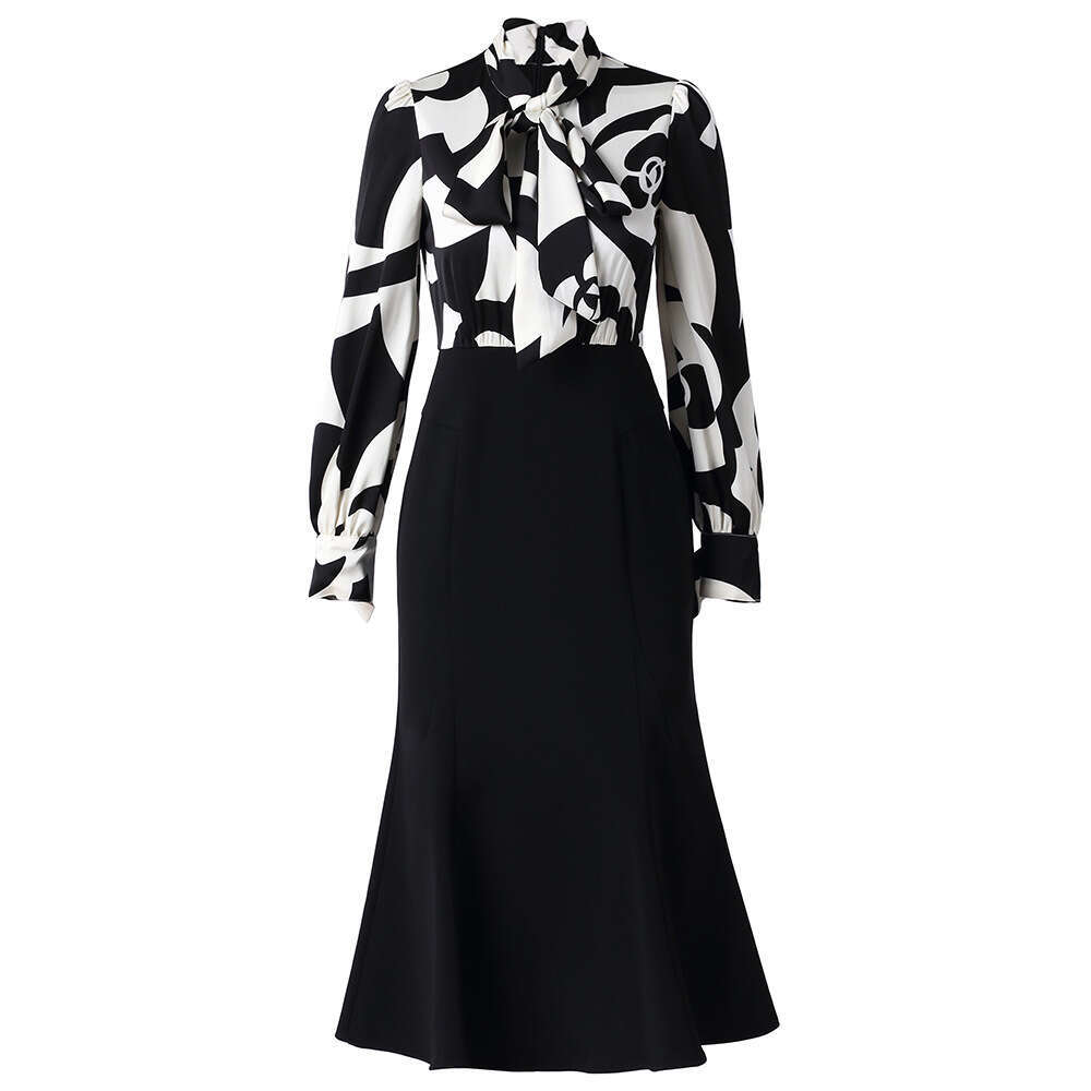 Smart and mature imperial style dress 2024 new bow tie strap splicing fake two-piece hip hugging fish tail skirt autumn