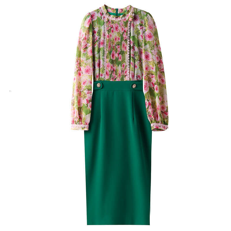 high-end exquisite for women 2024 new style formal occasion green floral long sleeved waist slimming dress