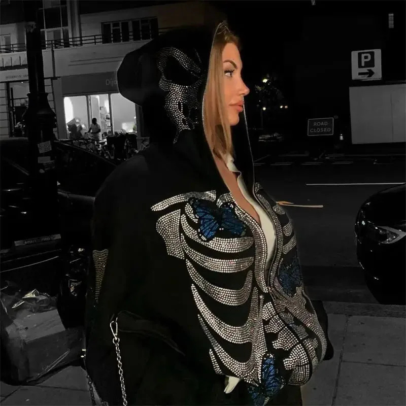Butterfly Gothic Graphic Print Jacket Y2K s Zip Up Hoodies Streetwear Sweatshirts Hip Hop Tops Harajuku Casual 241009