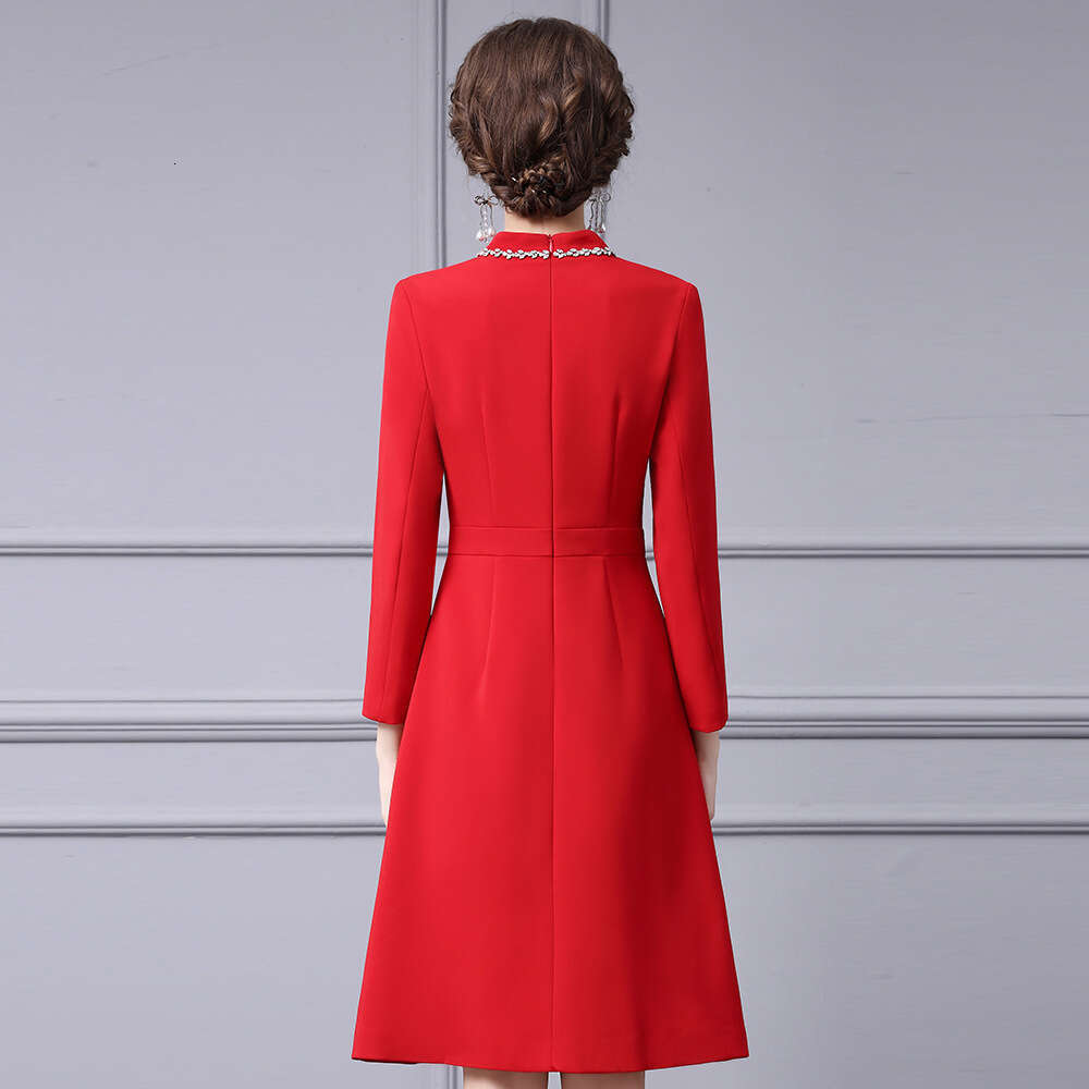red stand up collar nail bead A-line skirt 2024 new high-end brand long sleeved slim fit dress autumn