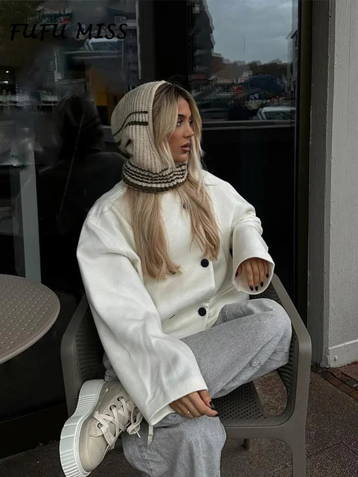 Casual Loose Woolen Womens Coat Solid Stand Collar Long Sleeve Double Breasted Pockets Jacket 2024 Autumn Lady Urban Outerwear 240930