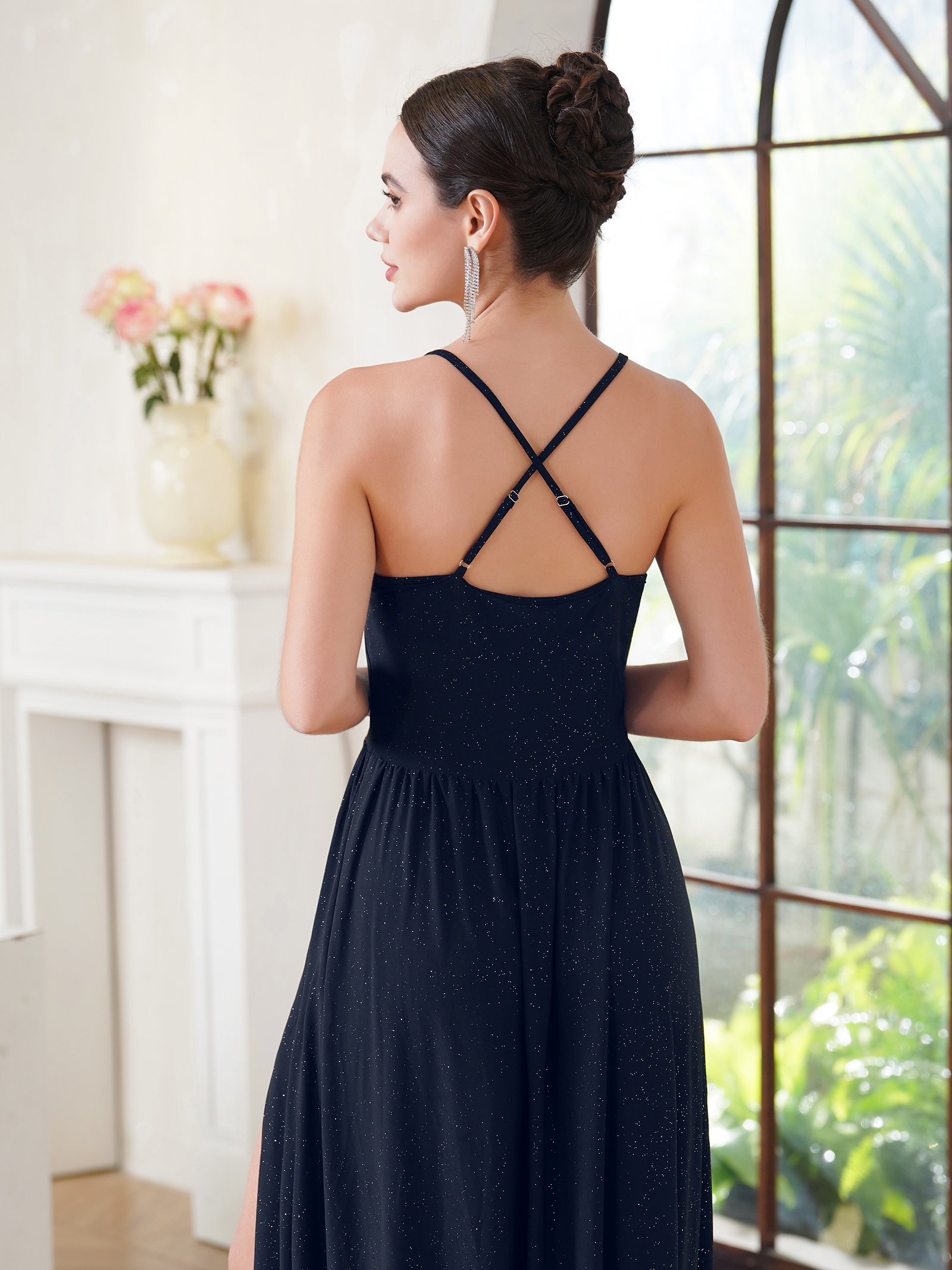 Dark blue A-Line With Solid Dresses Slit Sexy V Neck Tank Sleeve Lace up Evening Party Elastic Waist Simple Style Long Prom Dresses Draped Dress Gowns