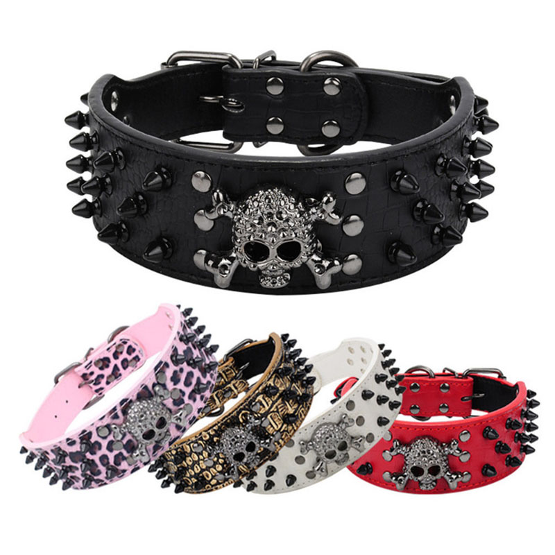 Dog Collar 3 Rows Bullet Rivets Studded PU Leather - Cool Skull Pet Accessories for Medium and Large Dogs