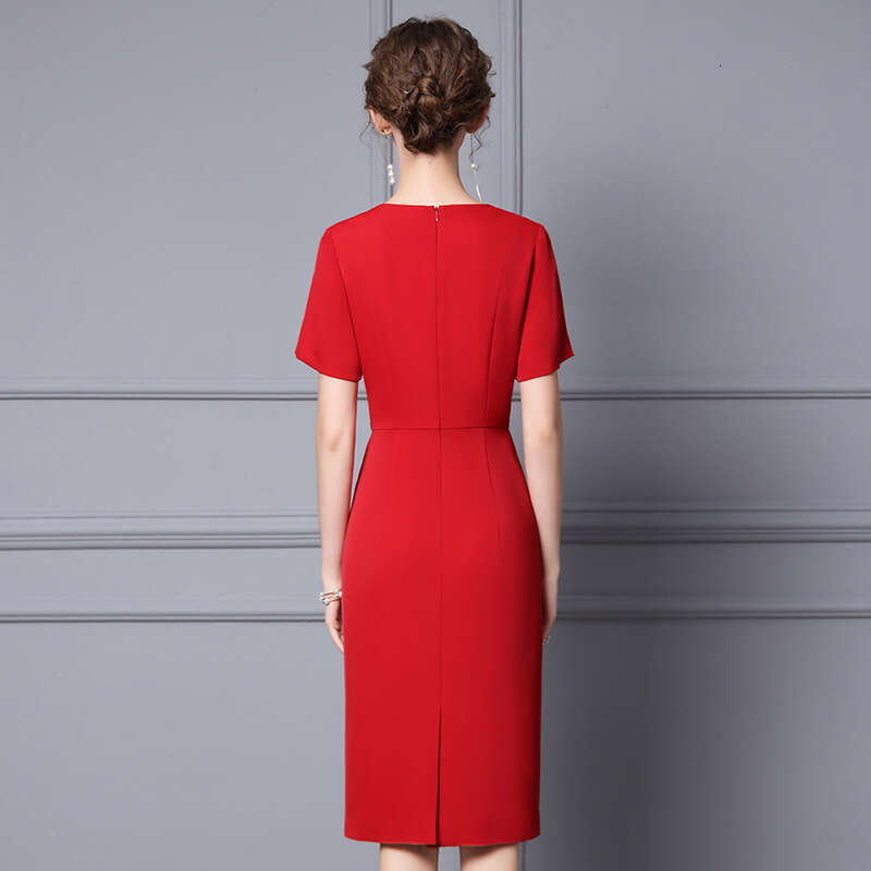 wine red 2024 new summer outfit high-end nail bead fake two-piece short sleeved waist slimming dress