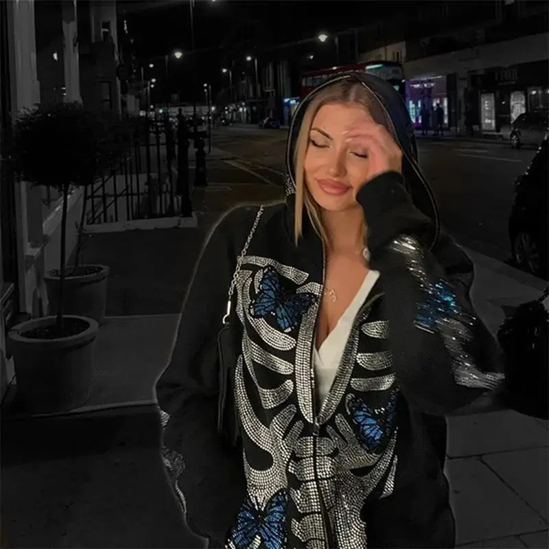Butterfly Gothic Graphic Print Jacket Y2K s Zip Up Hoodies Streetwear Sweatshirts Hip Hop Tops Harajuku Casual 241009
