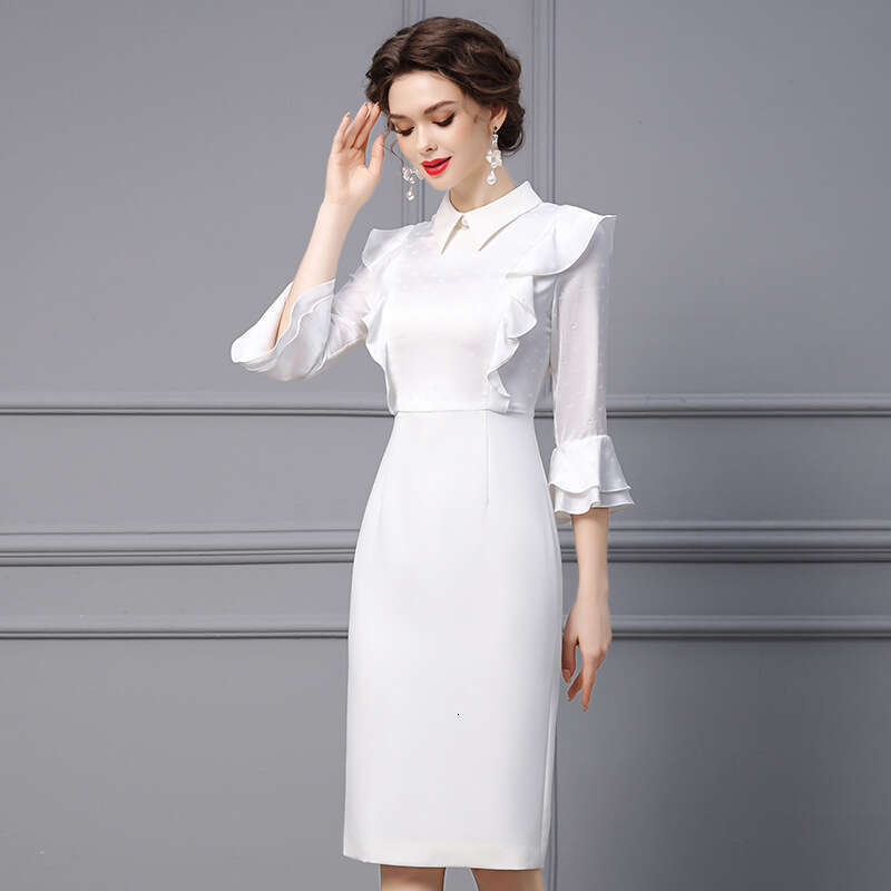 White Dress 2024 New Womens Autumn Style High end Sensation Showing Body Ruffle Flanked Trumpet Sleeve Hip Wrapping Skirt