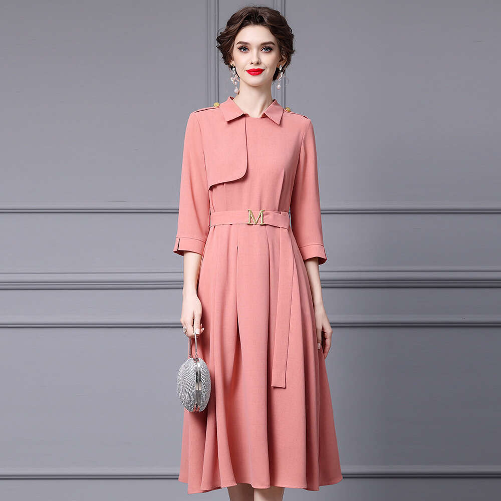 French high-end shirt collar dress with three quarter sleeves and waist belt pear shaped figure big swing skirt autumn new style