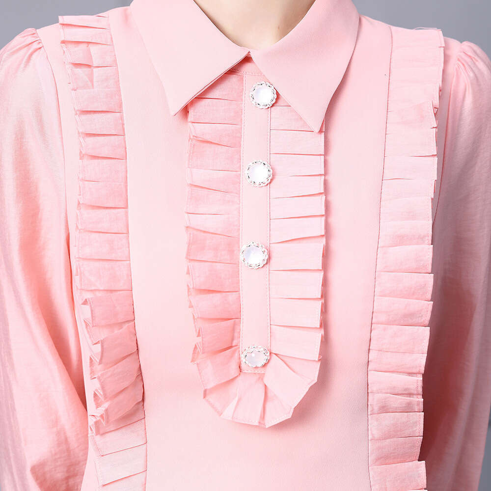 French pleated pink dress with lapel and three-dimensional cutting for slimming effect long sleeved autumn womens clothing 2024 new item