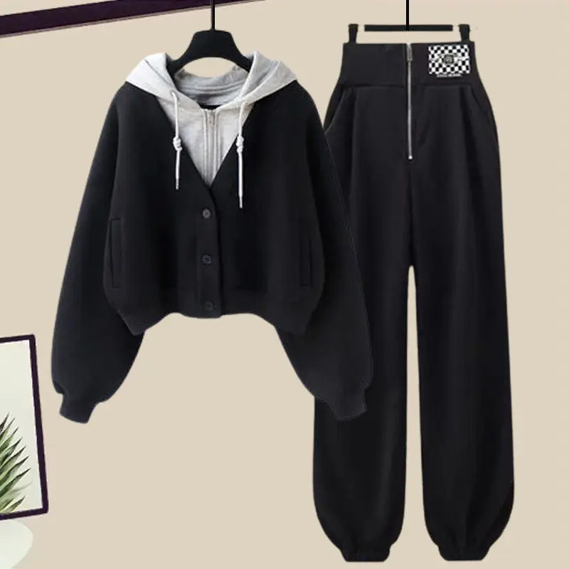 Winter patch work hoodie jacket personalized leg two-piece elegant womens pants set sportswear set 241011