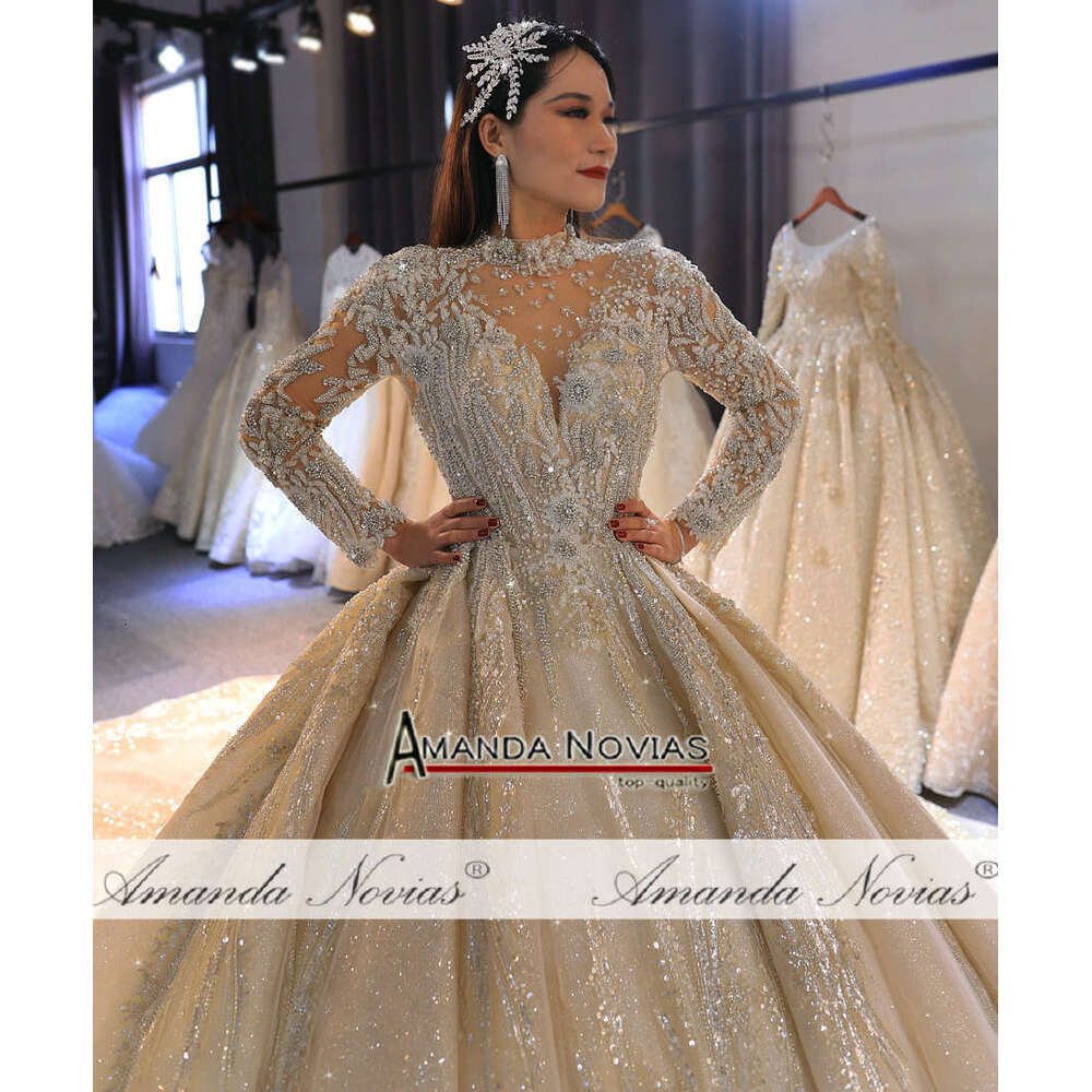 Amanda Novias Brand Gold Dress Real Work High Quality Dubai Wedding Dresses Not With Veil