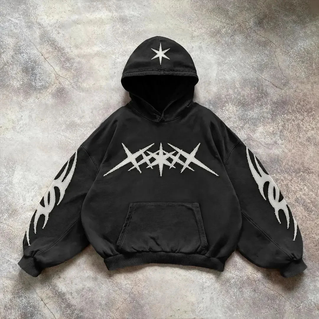 Retro Black Star Patchwork Hoodie Fashion Loose Oversized Embroidered Y2k Hooded Sweatshirt Gothic Streetwear Men Clothing 241011