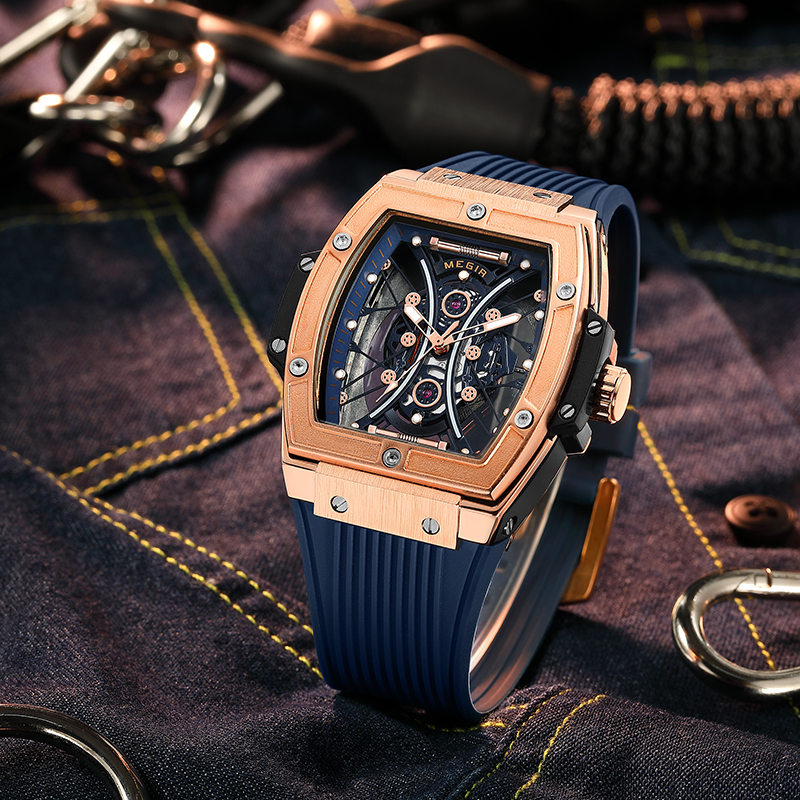MEGIR 8109 Men's Quartz Watch Blue Rose Gold Reaction Fashion Cool Simulation Display Sports Silicone Strap Men's Gift Watch
