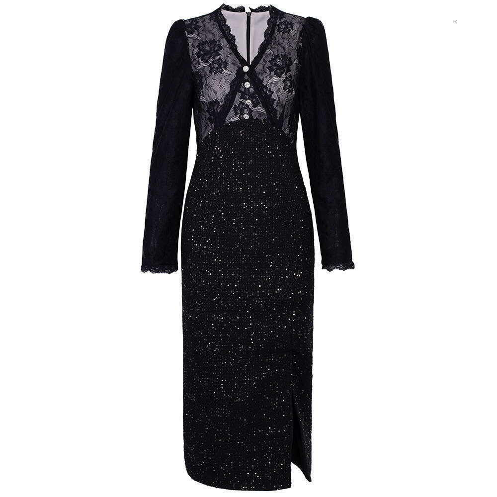 Black Lace Splicing Coarse Floral Bun Hip Skirt Mature Light Luxury Noble Womens Split Dress 2024 Autumn