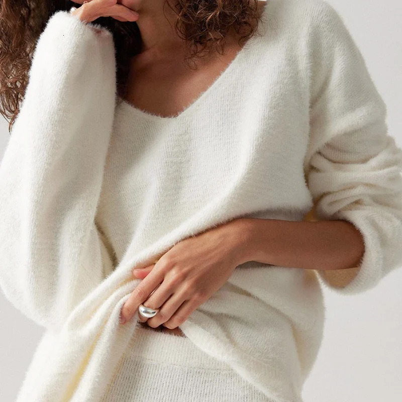 DGLUKE Elegant 2-piece Set suitable for womens V-neck Mohair sweaters and Maxi ski sets womens autumn and winter sets knitted matching sets 241011