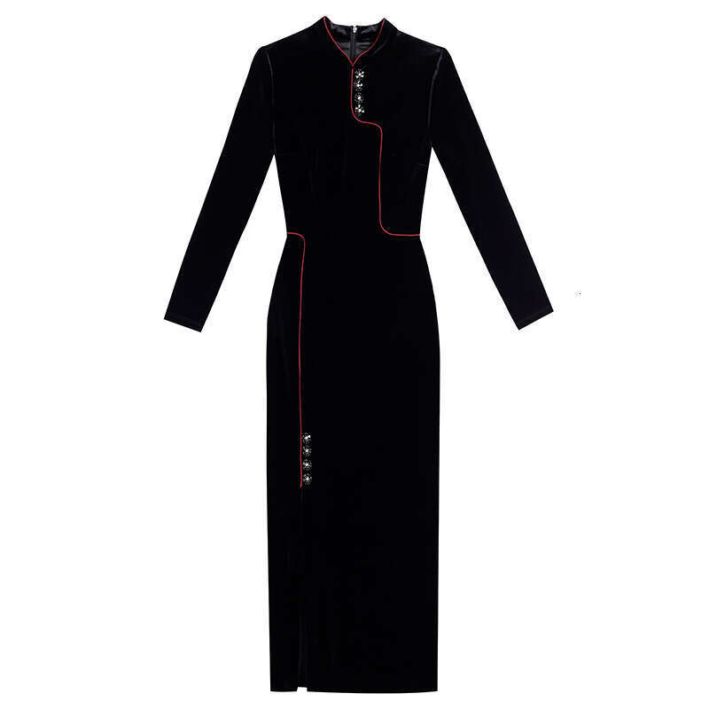 Golden Velvet Dress for Women Autumn 2024 New Elegant Style Improved Cheongsam Long Skirt