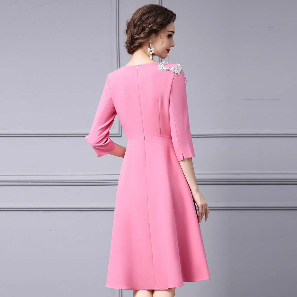 Heavy Industry hot stamping diamond high-end luxury temperament high waist slimming pink A-line dress 2024 new womens autumn