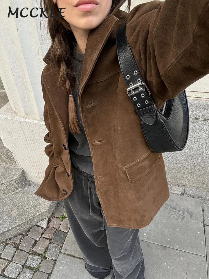 Casual suede womens coat brown loose collar single chest pocket long sleeved jacket autumn womens clothing 241010