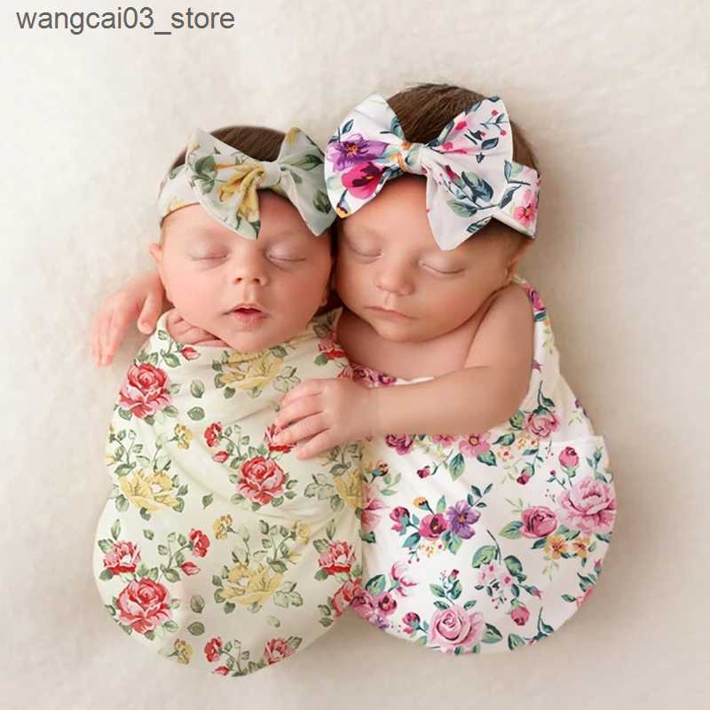 Blankets Swaddling Baby Receiving Blanket Headband Set Infant Floral Printing Swaddle Muslin Wrap Newborn Photography Prop Blankets For Newborn L24091