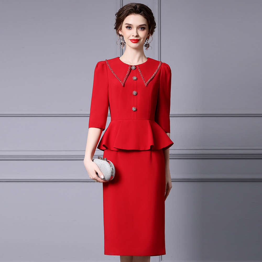 Smart elegant and dignified dress with nail drill large lapel ruffle edge splicing hip hugging skirt 2024 summer new item