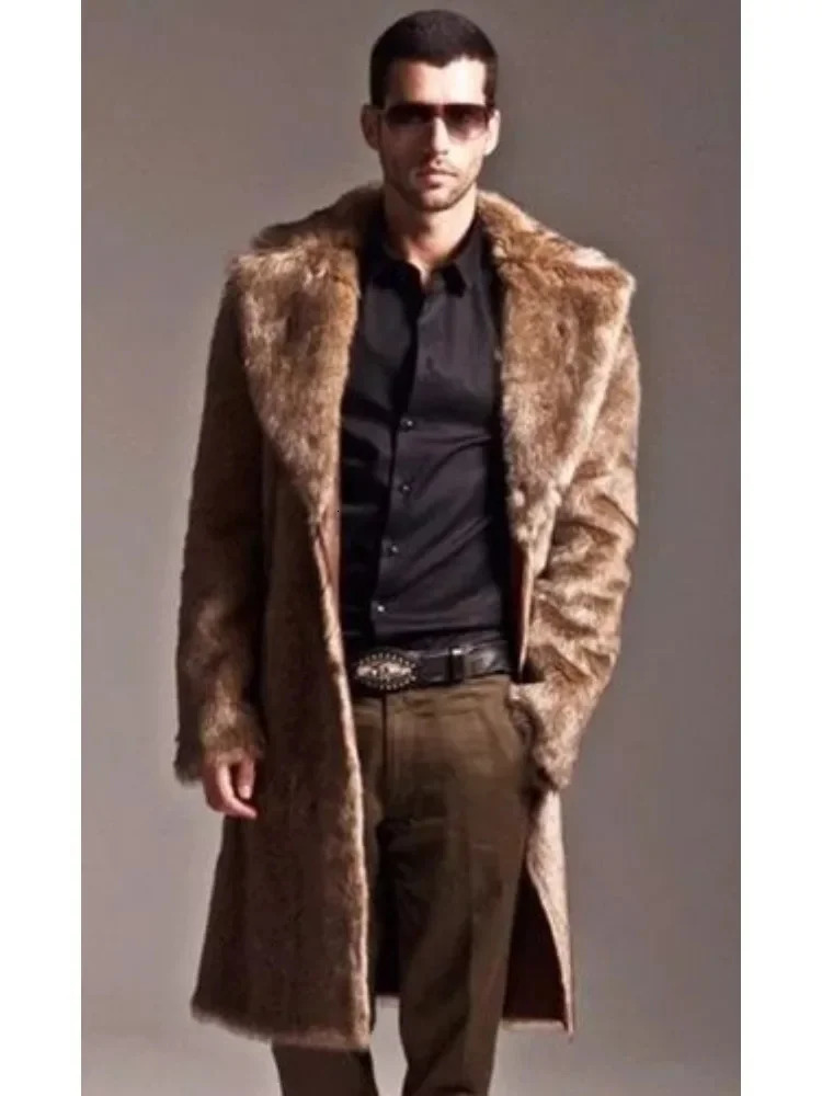 Mens Leather Fashion Jacket Brown Long Faux Fur Mens Winter Coat Size S-XXXL 240930