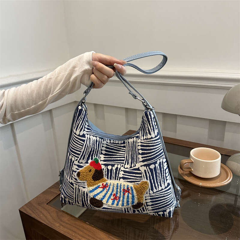 2024 autumn cute cartoon backpack with large capacity checkered canvas tote bag, single shoulder crossbody bag for women