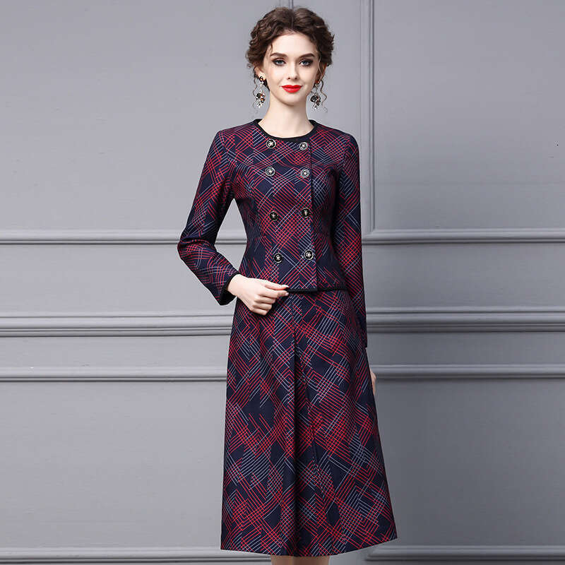 Fashion Skirt for Women 2024 Autumn New Collection with Grid Pattern Round Neck Waist Collection Long Sleeve Coat Two Piece Set