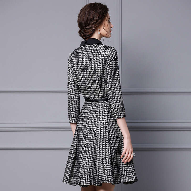 2024 Autumn Dress New Womens Chitose Grid Matching Coat Bottom Collar Long Sleeve Woolen A-line Skirt