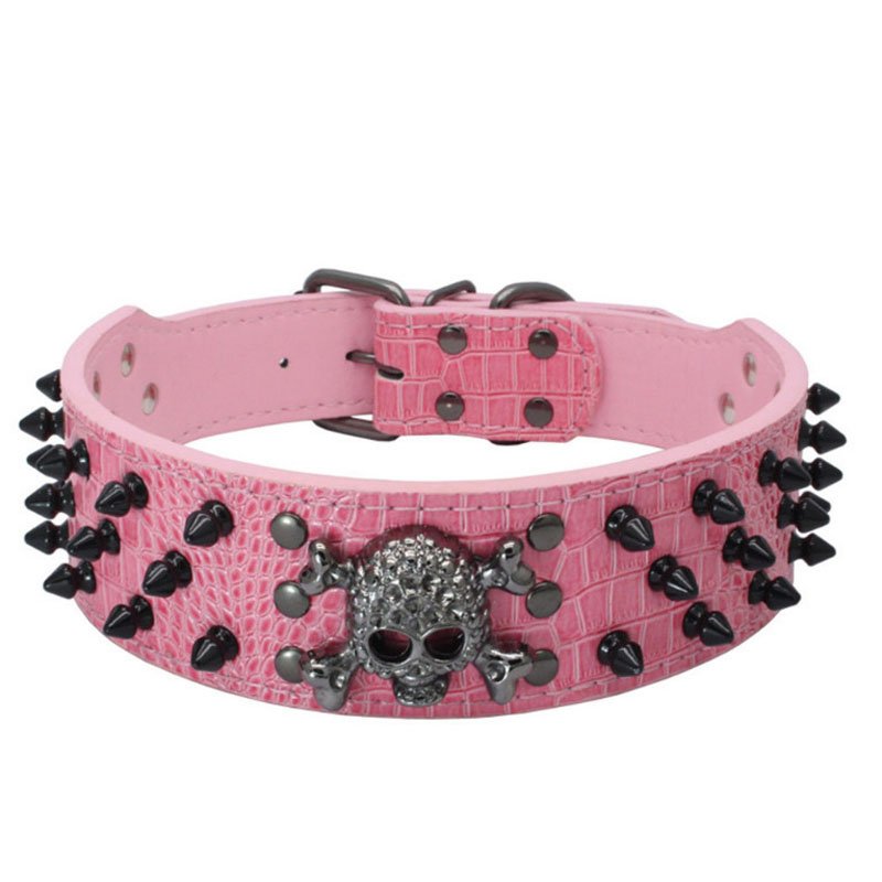 Dog Collar 3 Rows Bullet Rivets Studded PU Leather - Cool Skull Pet Accessories for Medium and Large Dogs